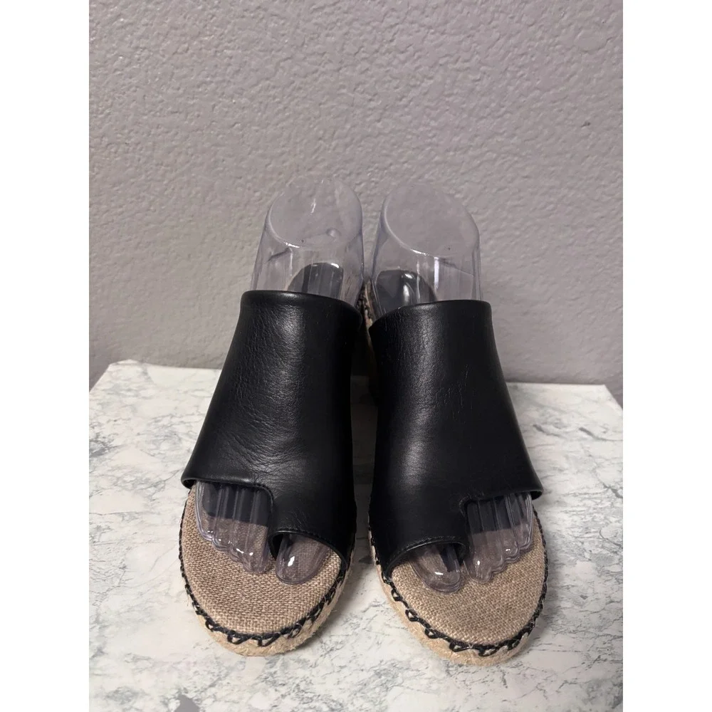 Vince. Womens 9M Espadrille Wedge Sandals Black Leather Jute Whipstitch Boho